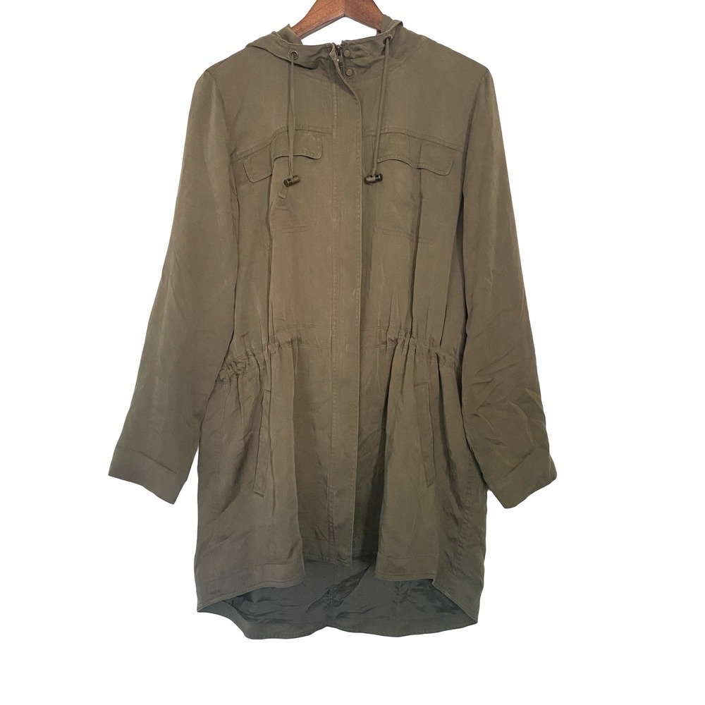 Eileen Fisher Tencel Anorak Women Hooded Utility Jacket Large Green Drawstring